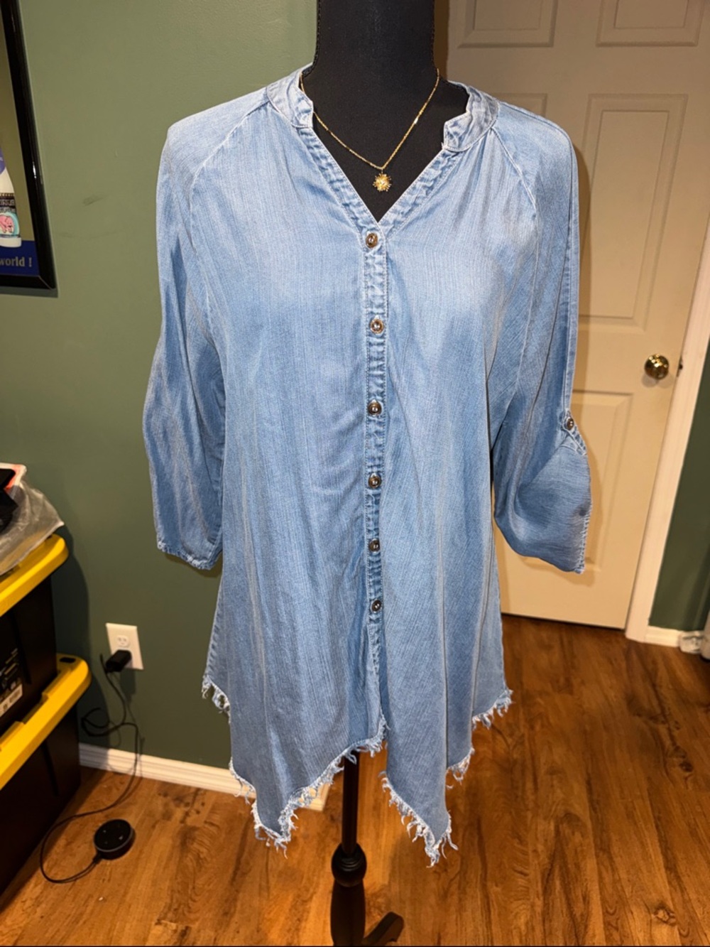 Light Blue Denim-Style Button Front Women's Tunic Sz L